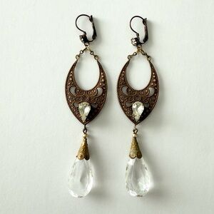 Large Vintage Czech Clear Glass Teardrop & Brass  Filigree Dangle Drop Earrings